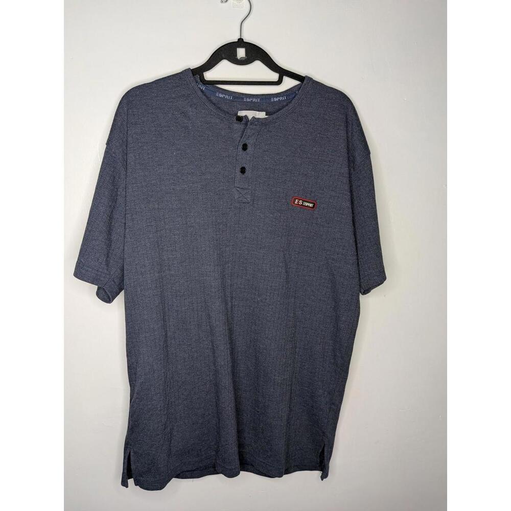 Esprit Shirt Mens XL Blue Henley Short Sleeve Textured Knit Logo Tee Casual